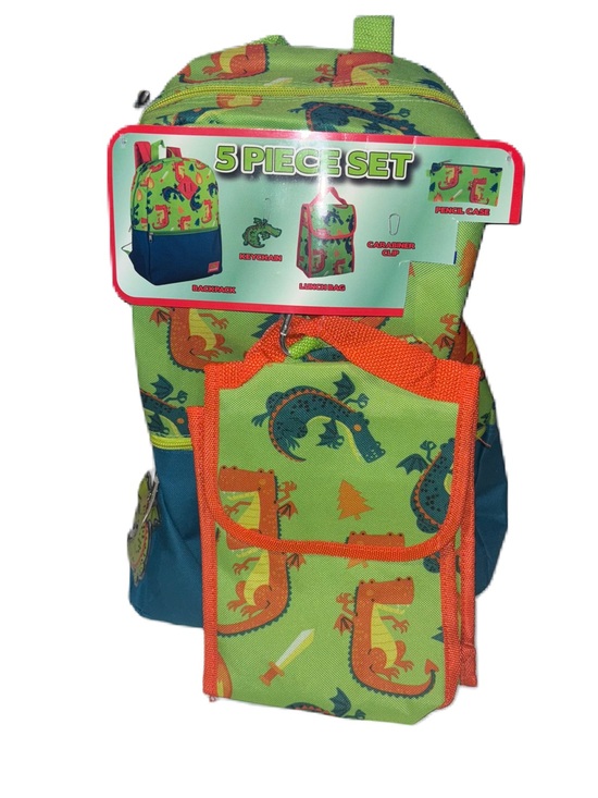 Trailmaker Other - 5 Piece Kids Boys Backpack Bag Back to School Set - Green & Orange Dragon Print